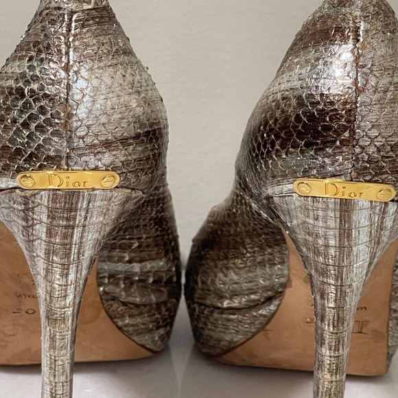 Dior Metallic Peep Toe Snake Skin Heels sz 38.5 - Picture 6 of 9